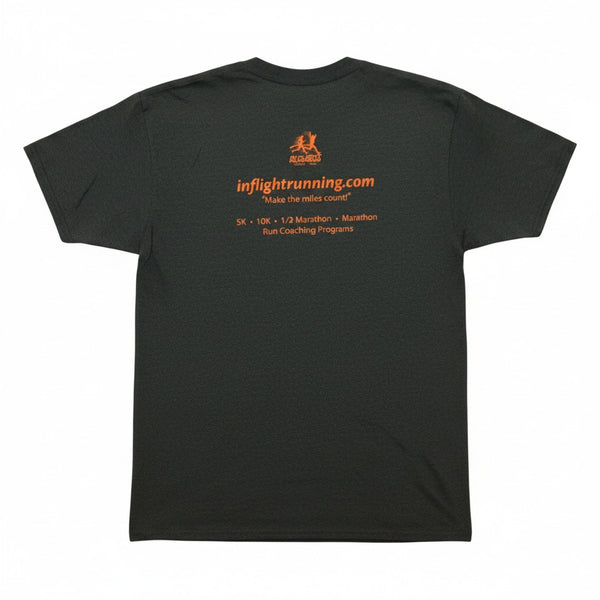 In Flight Running charcoal grey cotton/poly blend t-shirt with orange retro graphics and text on back.