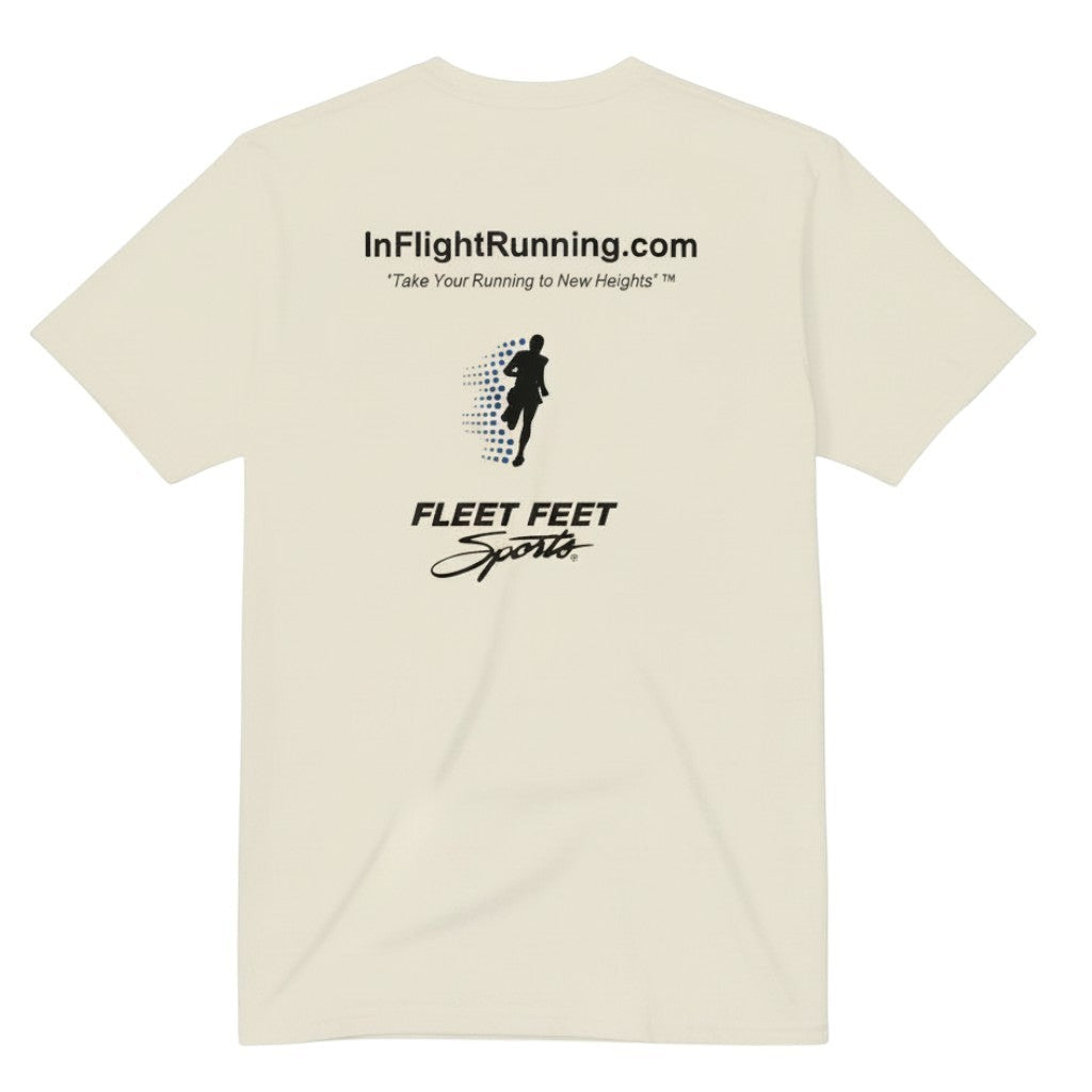 In Flight Running cream 50/50 cotton poly blend t-shirt with original logo and Fleet Feet Sports graphic.