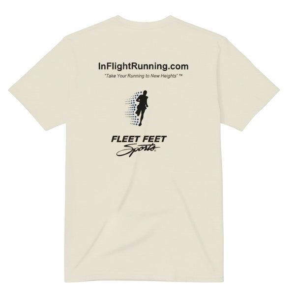 In Flight Running cream 50/50 cotton poly blend t-shirt with original logo and Fleet Feet Sports graphic.