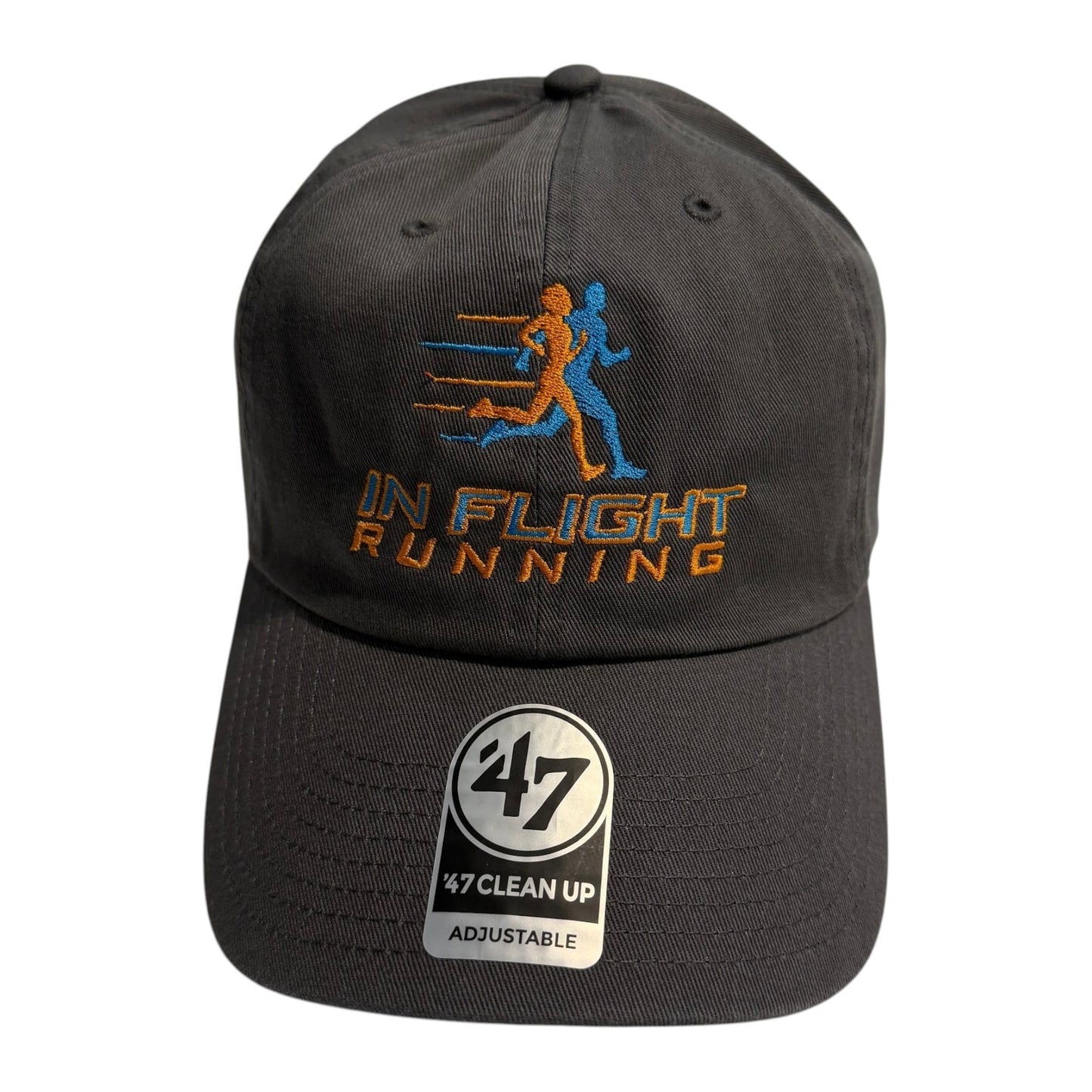 In Flight Running dark grey cotton twill unstructured cap with embroidered logo and adjustable strap.