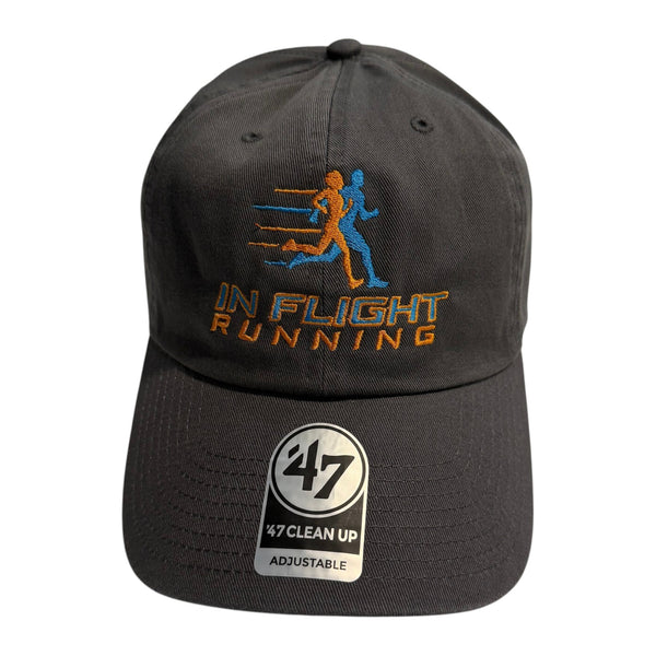In Flight Running dark grey cotton twill unstructured cap with embroidered logo and adjustable strap.