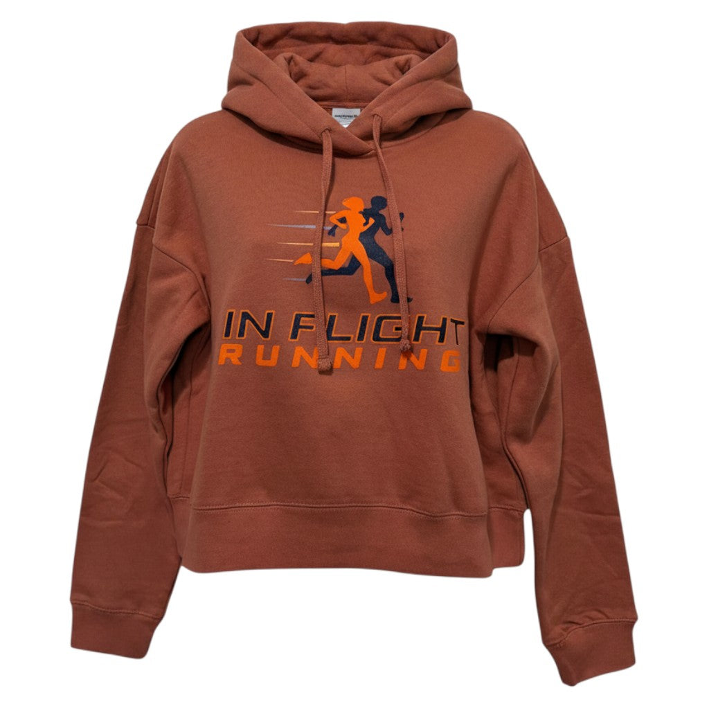 In Flight Running women's modest crop fleece hoodie in desert rose with graphic print. Made of cotton blend.
