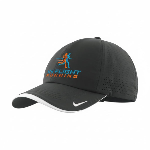 In Flight Running dark grey Dri-FIT polyester running cap with perforated panels and white bill trim. Features Swoosh logo.