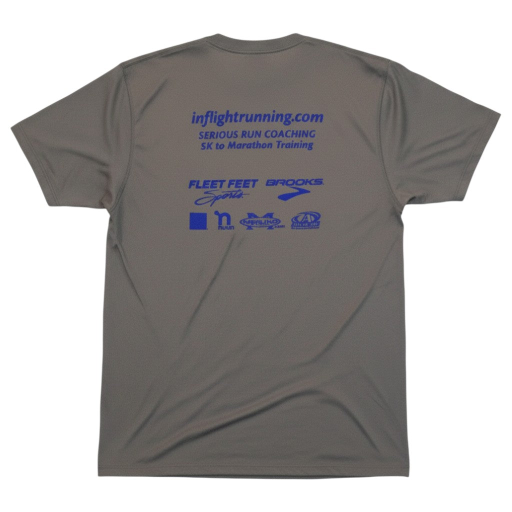 In Flight Running gray 100% polyester moisture-wicking men's running t-shirt with sponsor logos on back.