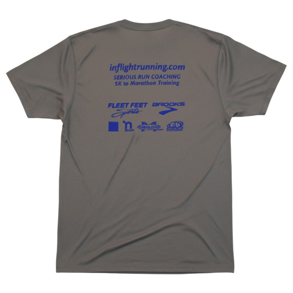 In Flight Running gray 100% polyester moisture-wicking men's running t-shirt with sponsor logos on back.