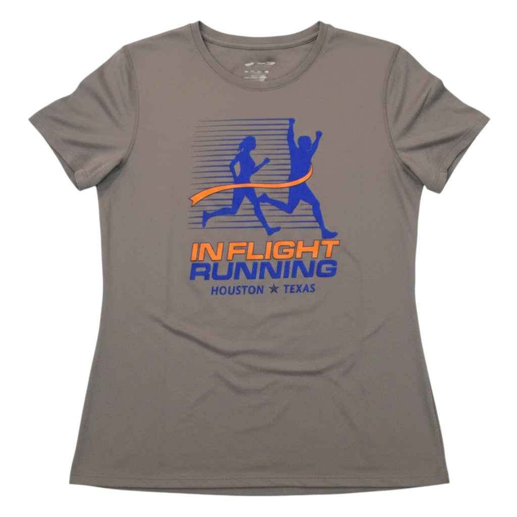 In Flight Running women's gray 100% polyester moisture-wicking running t-shirt with retro logo.