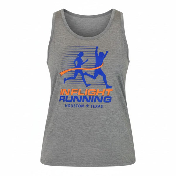 In Flight Running men's heather gray polyester running tank with retro logo and Houston Texas text.