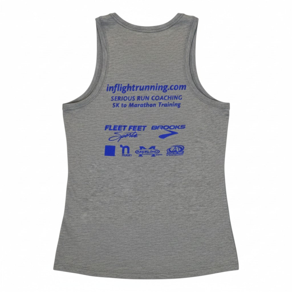 In Flight Running men's heather gray polyester running tank with retro logo. Back features sponsor logos and website.