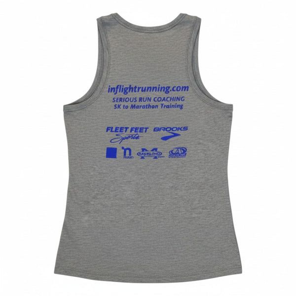 In Flight Running men's heather gray polyester running tank with retro logo. Back features sponsor logos and website.