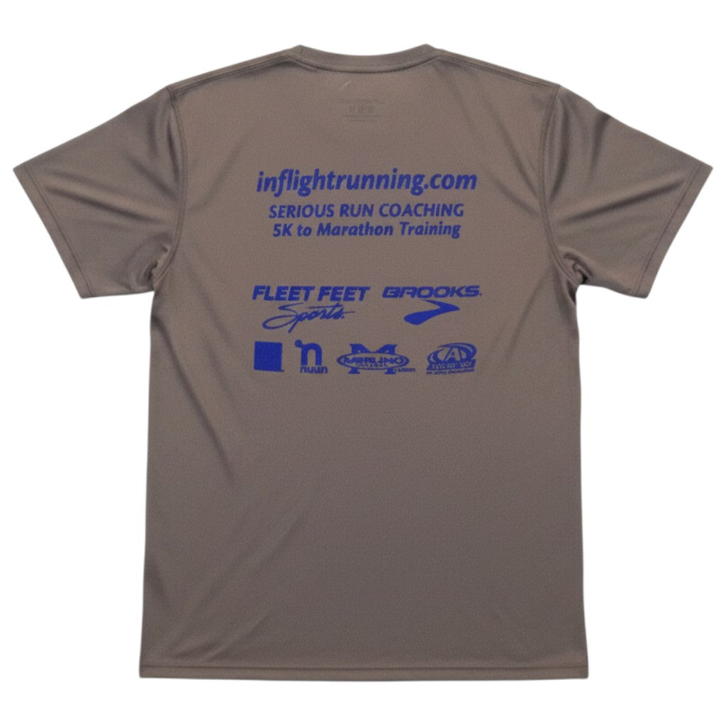 In Flight Running gray 100% polyester women's moisture-wicking running t-shirt with sponsor logos on back.