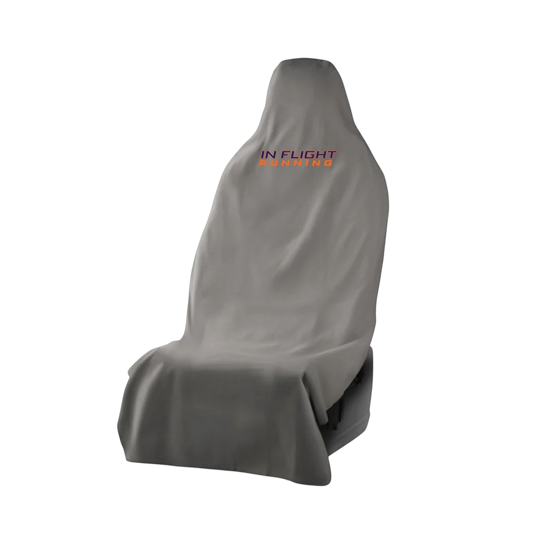 In Flight Running gray waterproof car seat protector with embroidered lettering, ideal for post-workout protection.