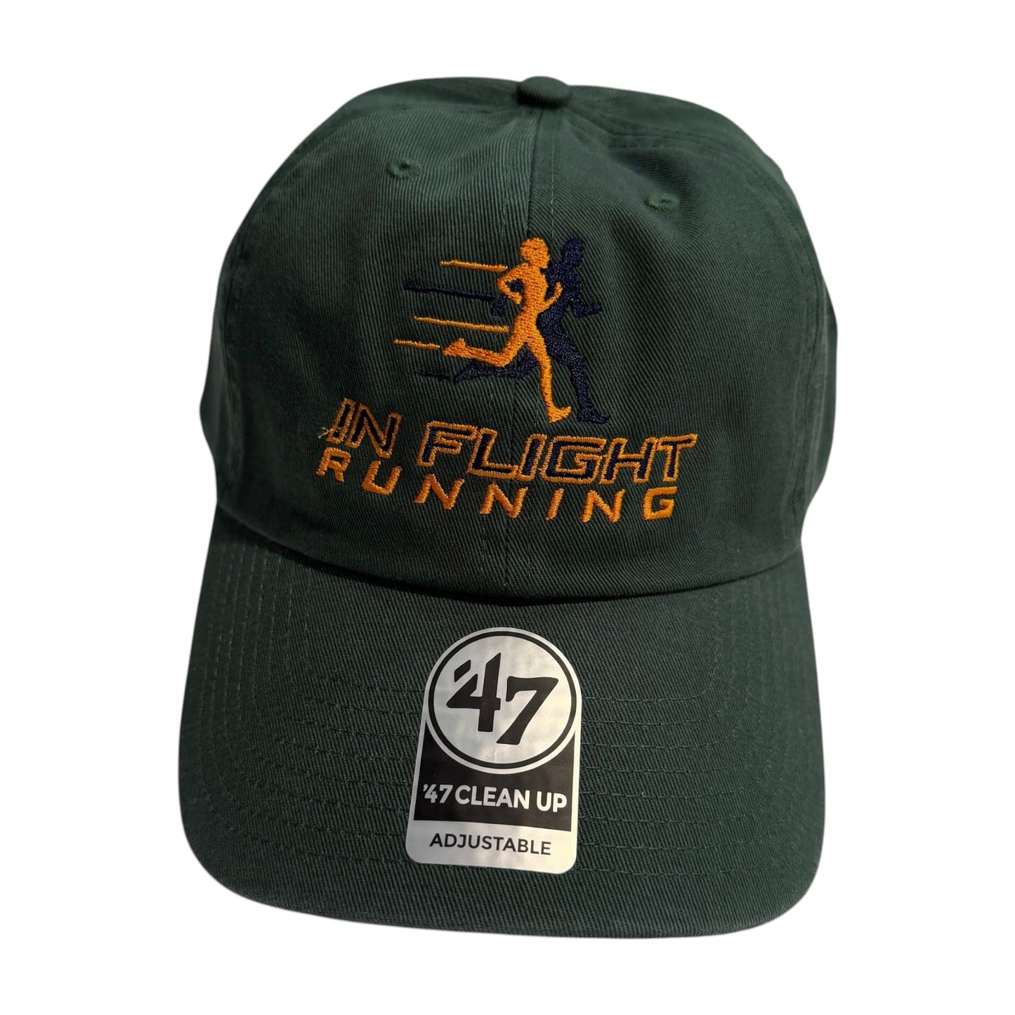 In Flight Running dark green cotton twill unstructured baseball cap with embroidered logo and adjustable closure.