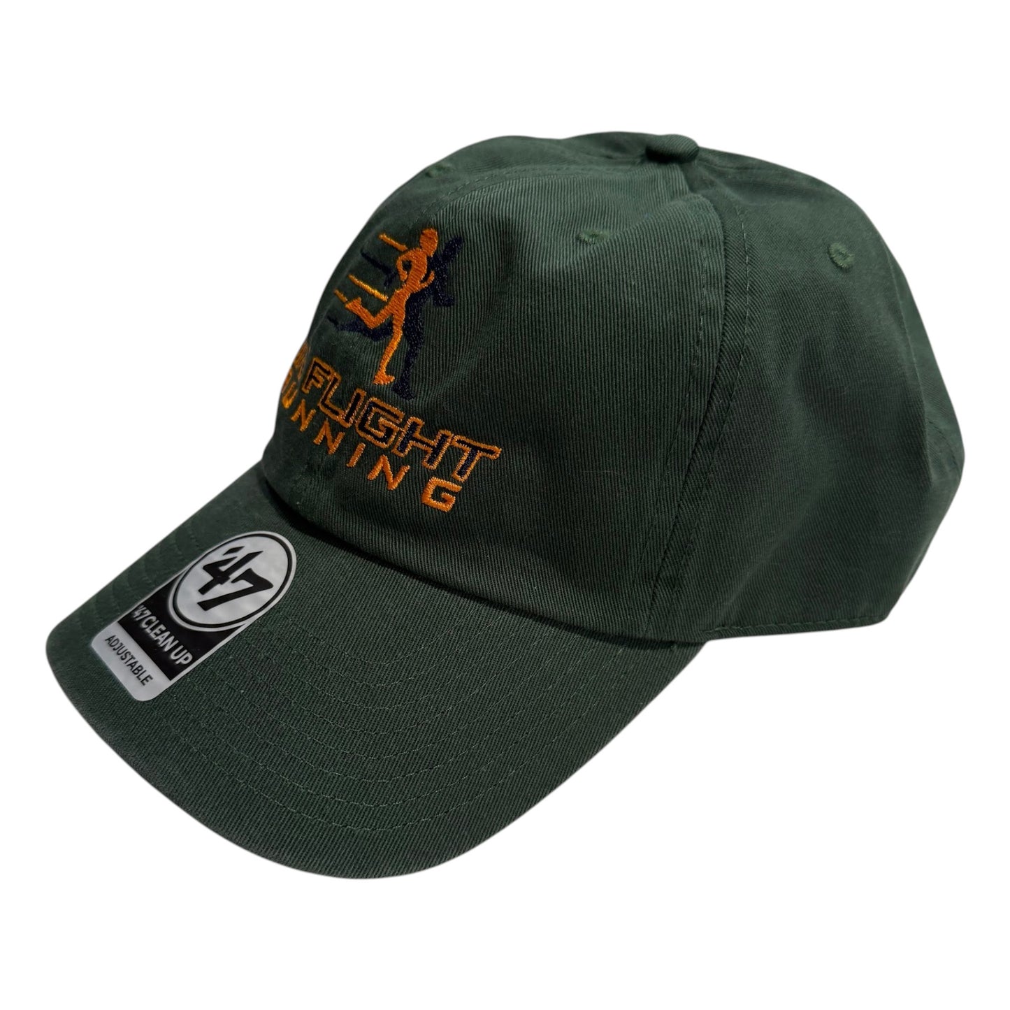 In Flight Running dark green cotton twill unstructured baseball cap with embroidered logo and adjustable strap.