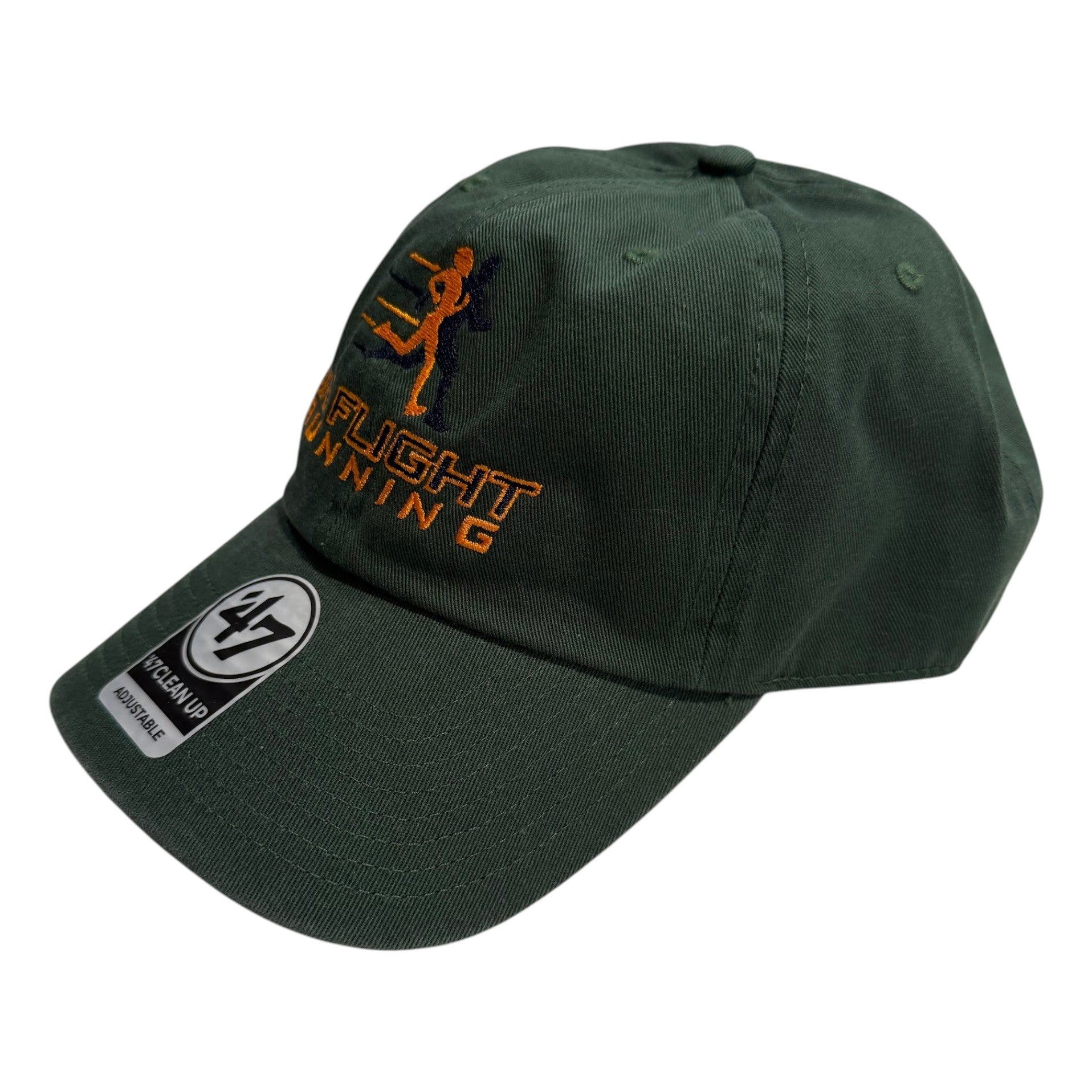 In Flight Running dark green cotton twill unstructured baseball cap with embroidered logo and adjustable strap.