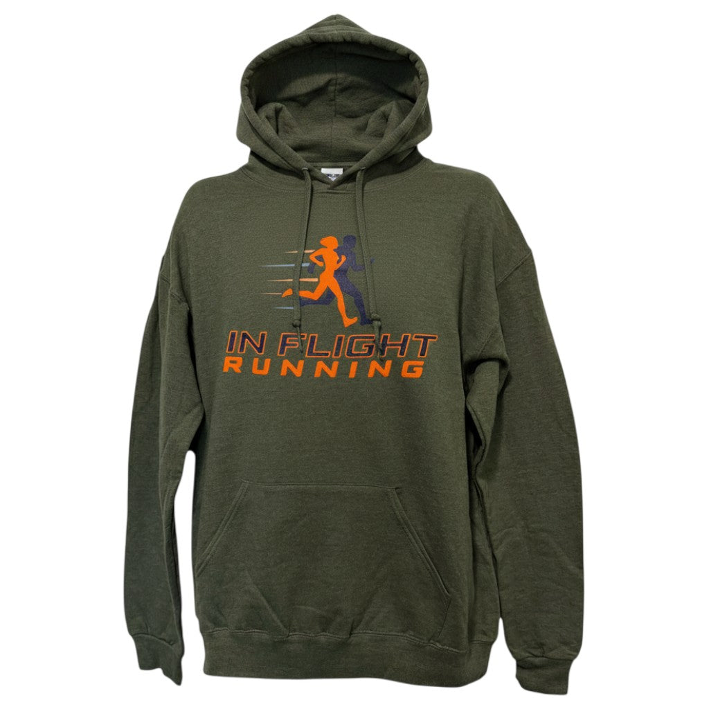 In Flight Running green cotton/poly blend fleece hoodie with graphic logo on front. Moisture-wicking and wrinkle-release.