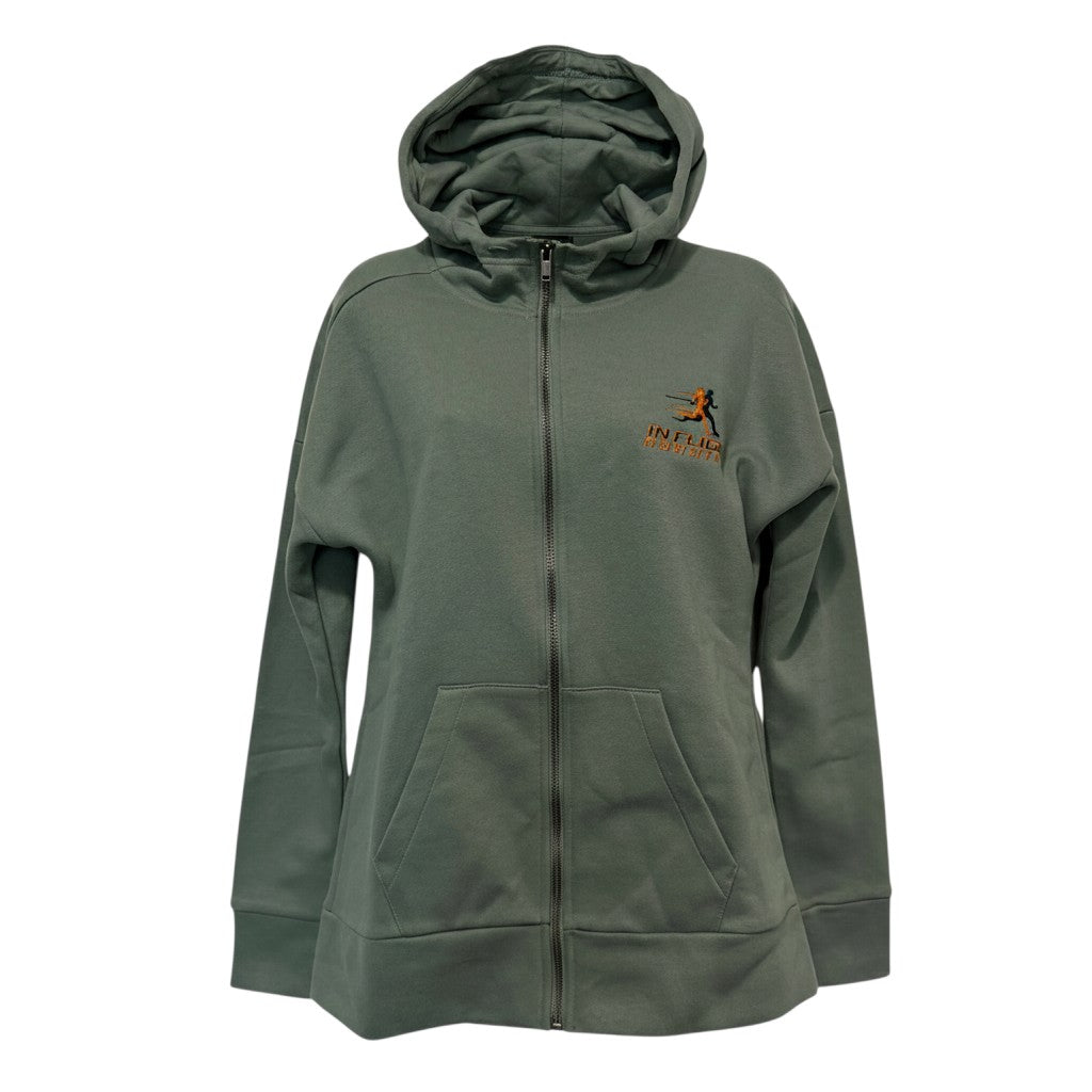 In Flight Running women's sage green fleece zip-up hoodie with embroidered logo on chest. Features a jersey-lined hood and kangaroo pockets.
