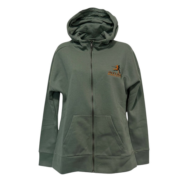 In Flight Running women's sage green fleece zip-up hoodie with embroidered logo on chest. Features a jersey-lined hood and kangaroo pockets.