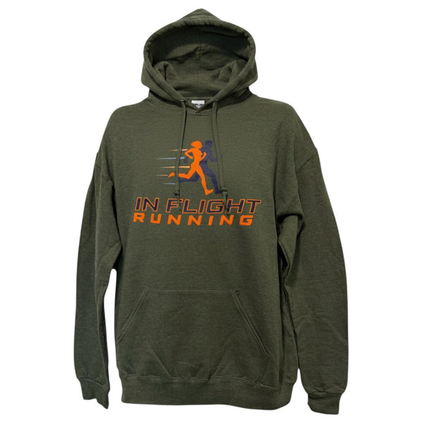 In Flight Running green cotton/poly blend fleece hoodie with graphic logo on front. Moisture-wicking and wrinkle-release.