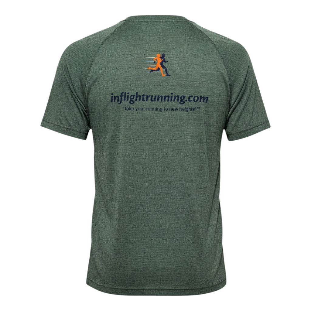 In Flight Running men's green tri-blend raglan t-shirt with running graphic and website on back.