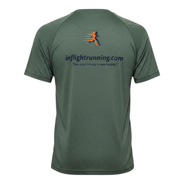 In Flight Running men's green tri-blend raglan t-shirt with running graphic and website on back.