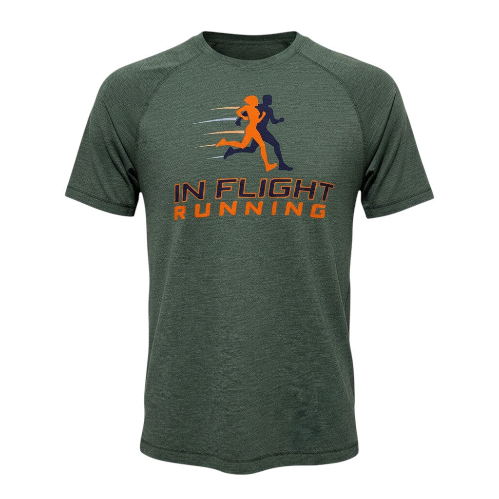 In Flight Running men's green tri-blend raglan t-shirt with running graphic and logo. Moisture-wicking.