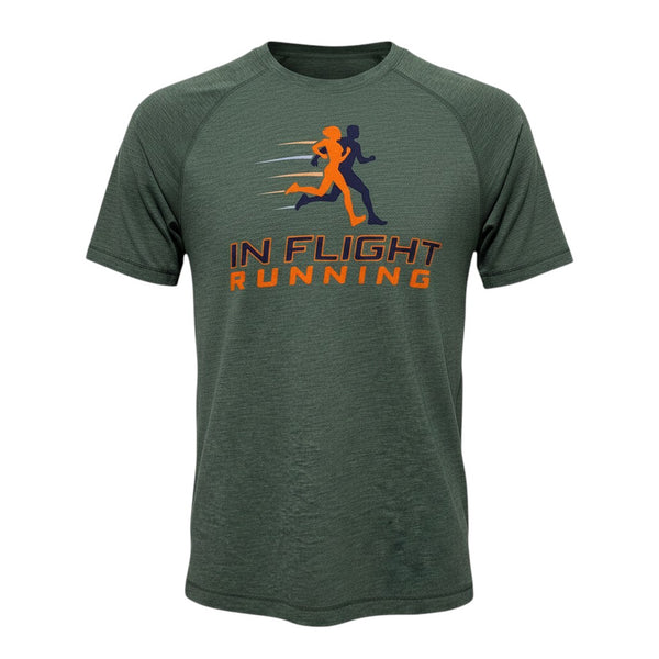 In Flight Running men's green tri-blend raglan t-shirt with running graphic and logo. Moisture-wicking.