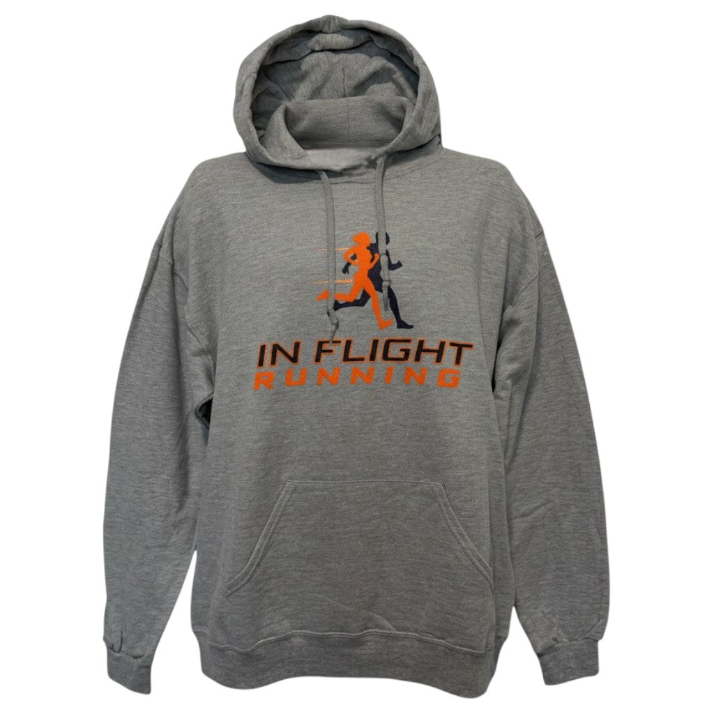 In Flight Running grey cotton/poly blend fleece hoodie with orange and navy running graphic and logo.