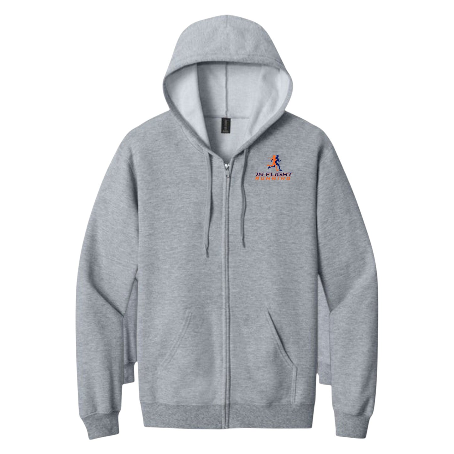 In Flight Running grey midweight fleece full-zip hoodie with jersey-lined hood and pouch pockets.