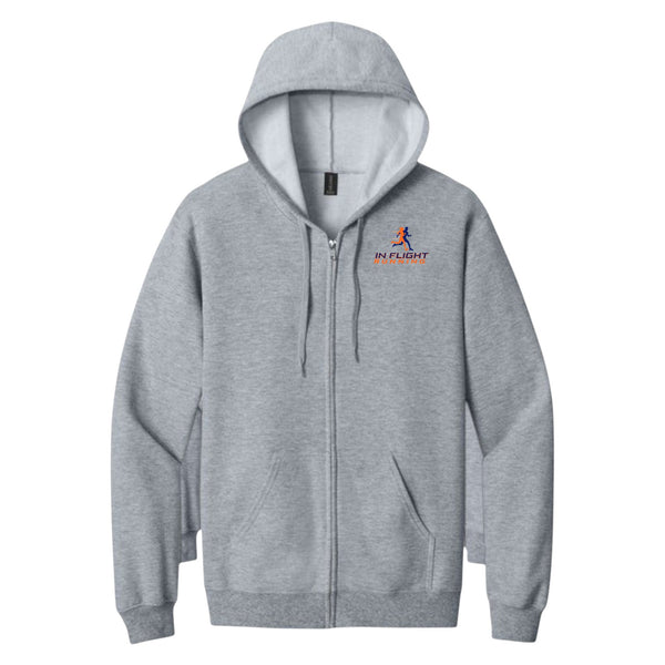 In Flight Running grey midweight fleece full-zip hoodie with jersey-lined hood and pouch pockets.