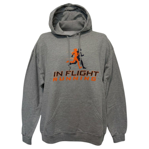 In Flight Running grey cotton/poly blend fleece hoodie with orange and navy running graphic and logo.