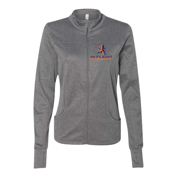 In Flight Running women's grey polyester fleece track jacket with full zip and embroidered logo.