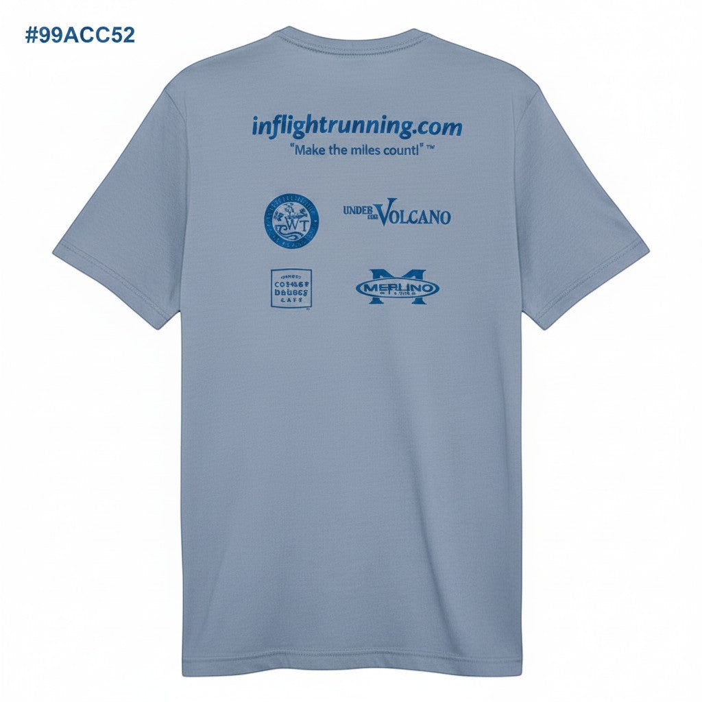 In Flight Running grey heather short sleeve t-shirt with multiple sponsor logos on back