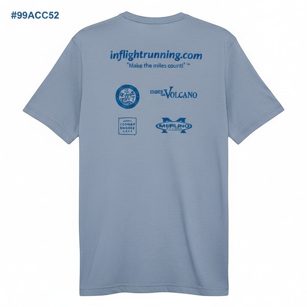 In Flight Running grey heather short sleeve t-shirt with multiple sponsor logos on back