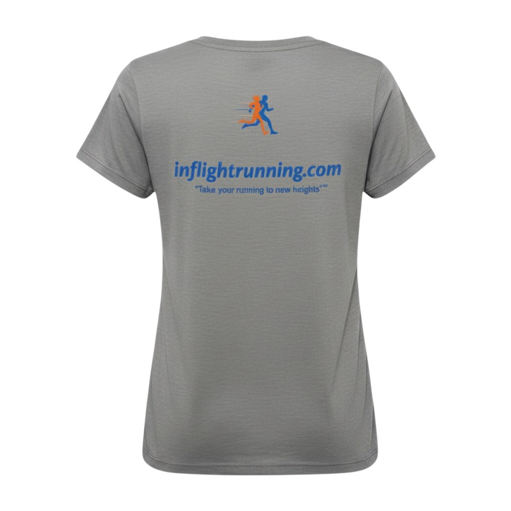 In Flight Running women's grey heathered tri-blend scoop neck t-shirt with running graphic and website on back.