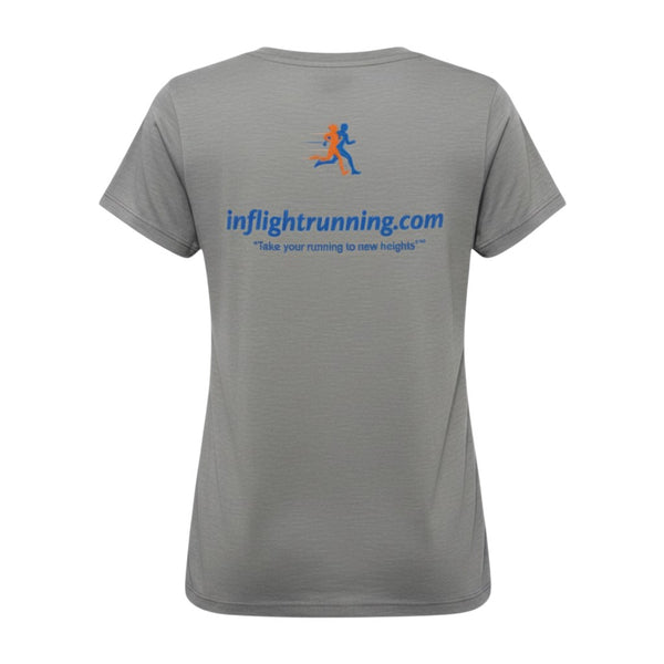 In Flight Running women's grey heathered tri-blend scoop neck t-shirt with running graphic and website on back.