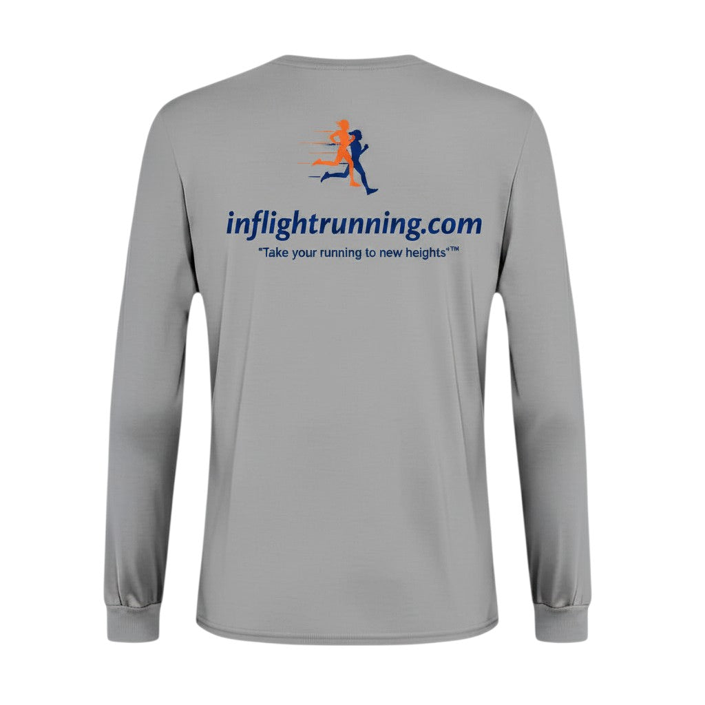 In Flight Running grey heather long sleeve polyester running shirt with logo and tagline on back.