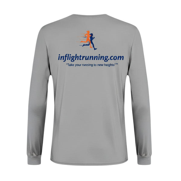 In Flight Running grey heather long sleeve polyester running shirt with logo and tagline on back.