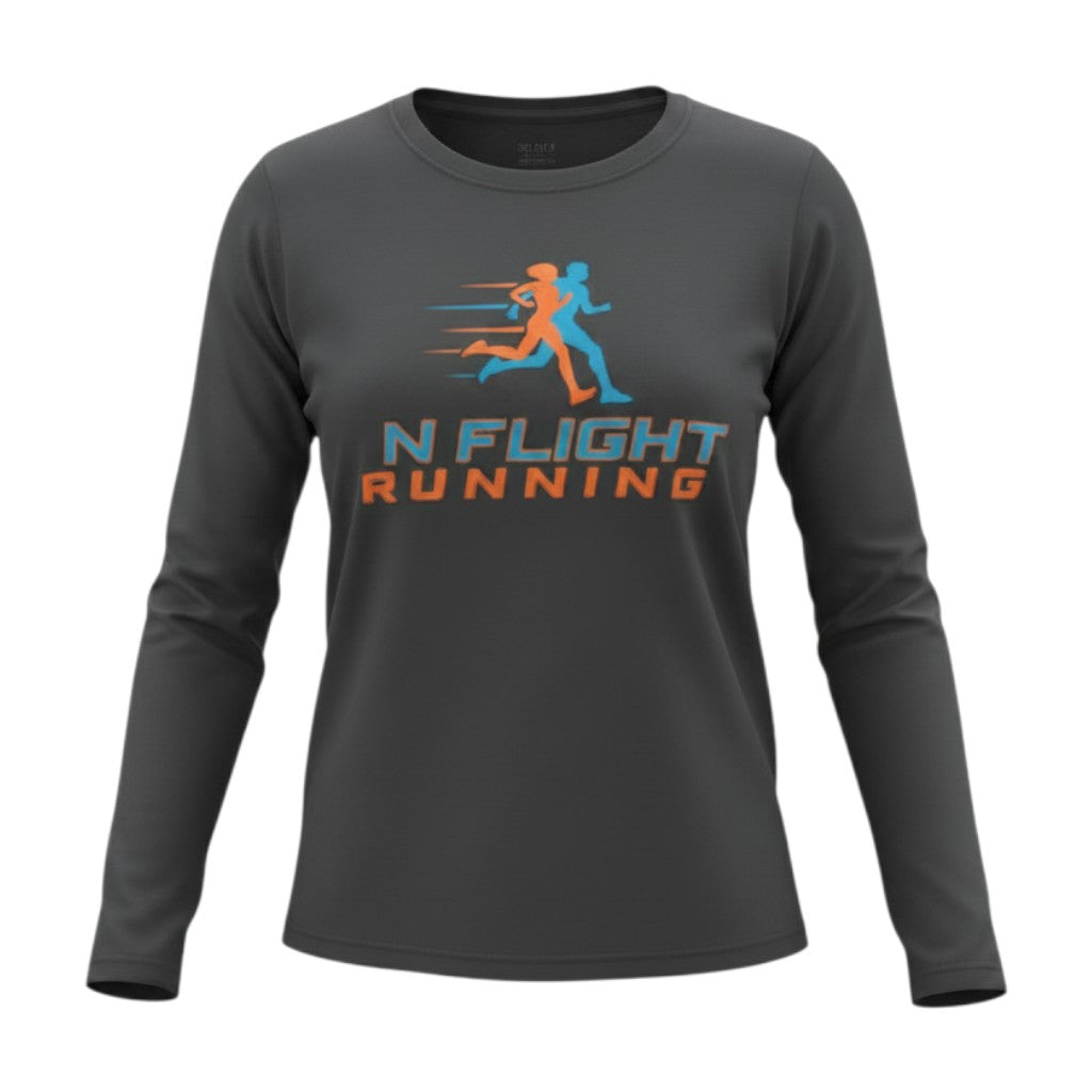 In Flight Running women's grey long sleeve running shirt with UPF 50 protection and moisture-wicking fabric.