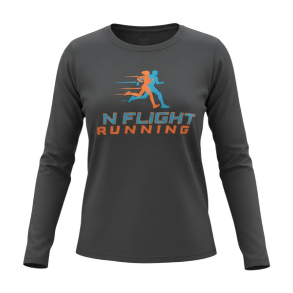 In Flight Running women's grey long sleeve running shirt with UPF 50 protection and moisture-wicking fabric.