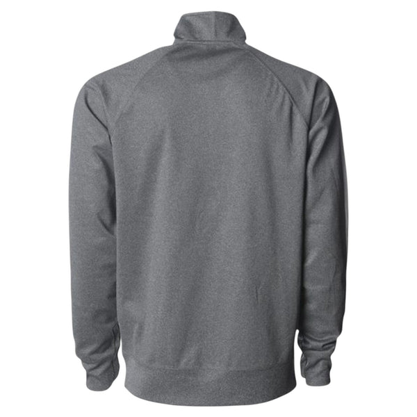 In Flight Running men's grey polyester fleece track jacket with full-zip front and raglan sleeves.