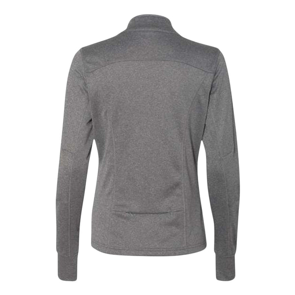 In Flight Running women's grey polyester fleece track jacket with thumbholes and embroidered logo.