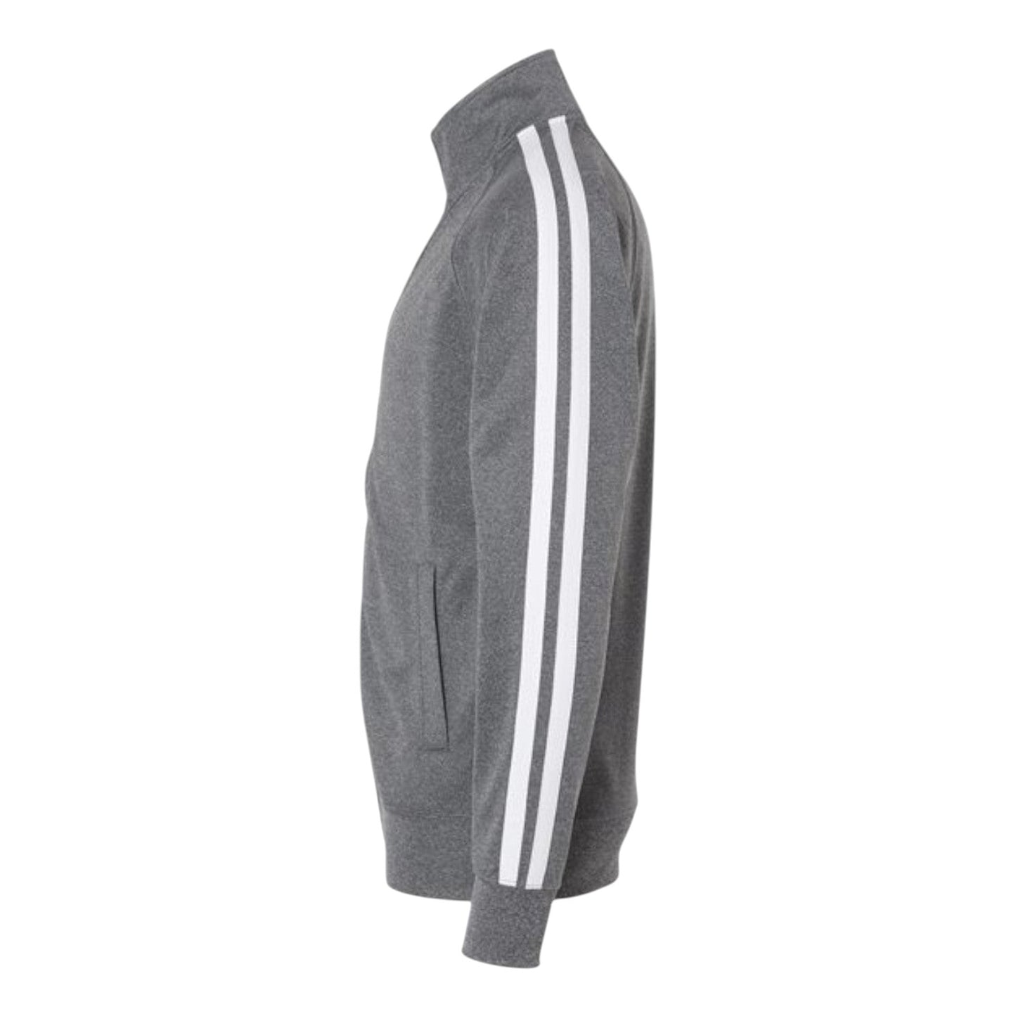 In Flight Running grey polyester fleece track jacket with white sleeve stripes and embroidered logo on chest.