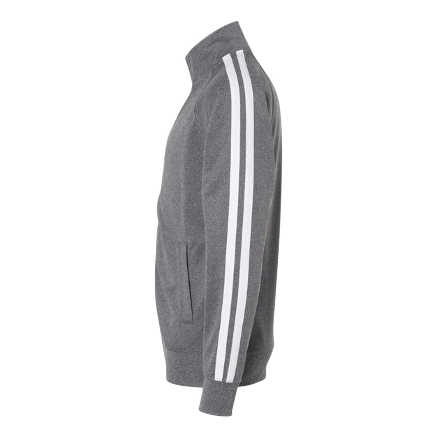 In Flight Running grey polyester fleece track jacket with white sleeve stripes and embroidered logo on chest.
