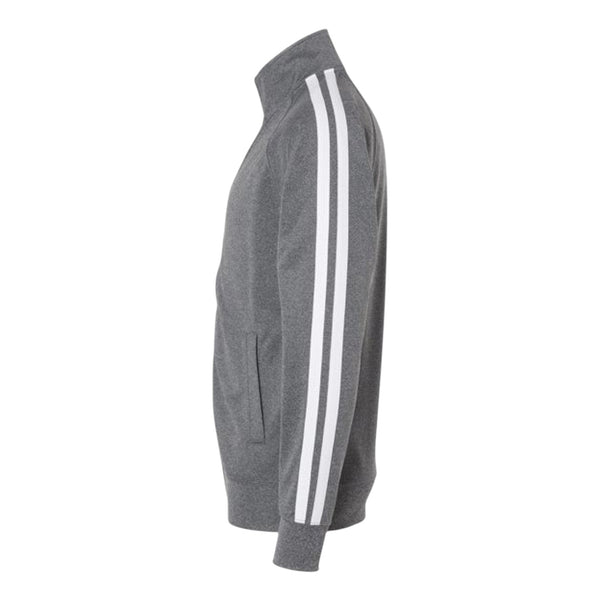 In Flight Running grey polyester fleece track jacket with white sleeve stripes and embroidered logo on chest.