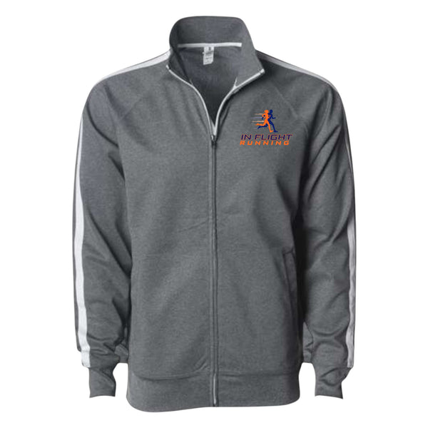 In Flight Running grey polyester fleece track jacket with white sleeve stripes and embroidered logo.