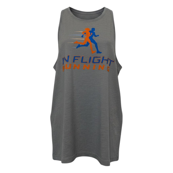 In Flight Running grey tri-blend racerback tank top with orange and blue running graphic and logo.