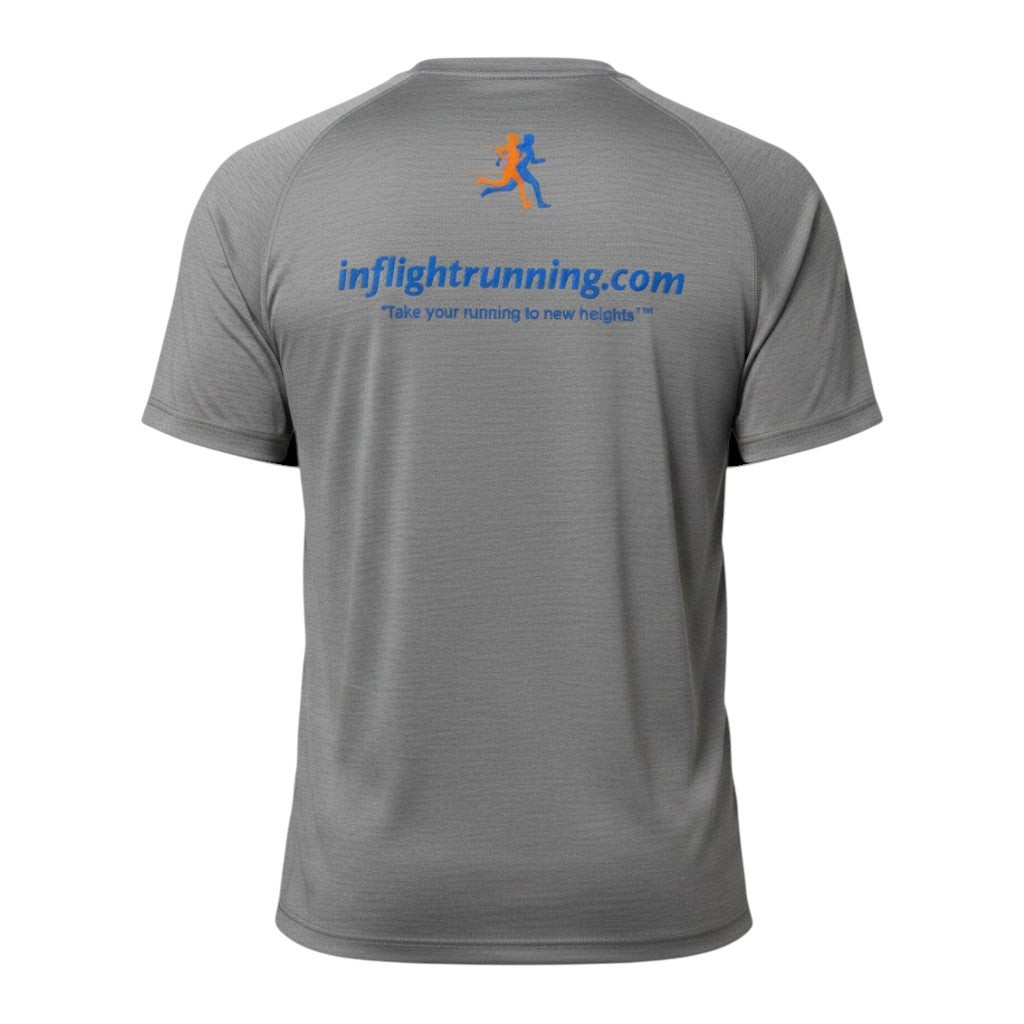 In Flight Running grey tri-blend raglan short sleeve running t-shirt with orange runner logo and blue text.