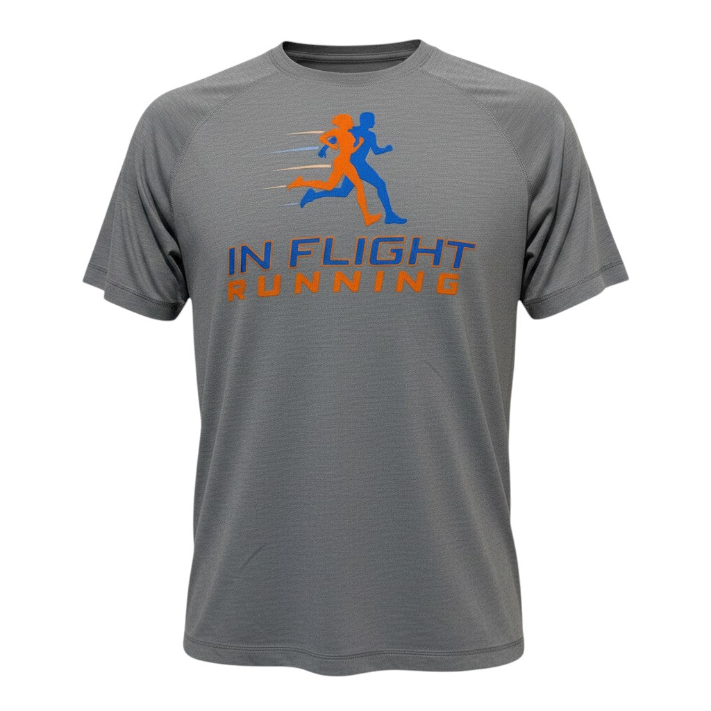 In Flight Running grey tri-blend raglan t-shirt with orange and blue running graphic and logo.