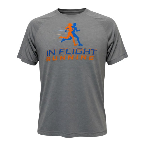 In Flight Running grey tri-blend raglan t-shirt with orange and blue running graphic and logo.