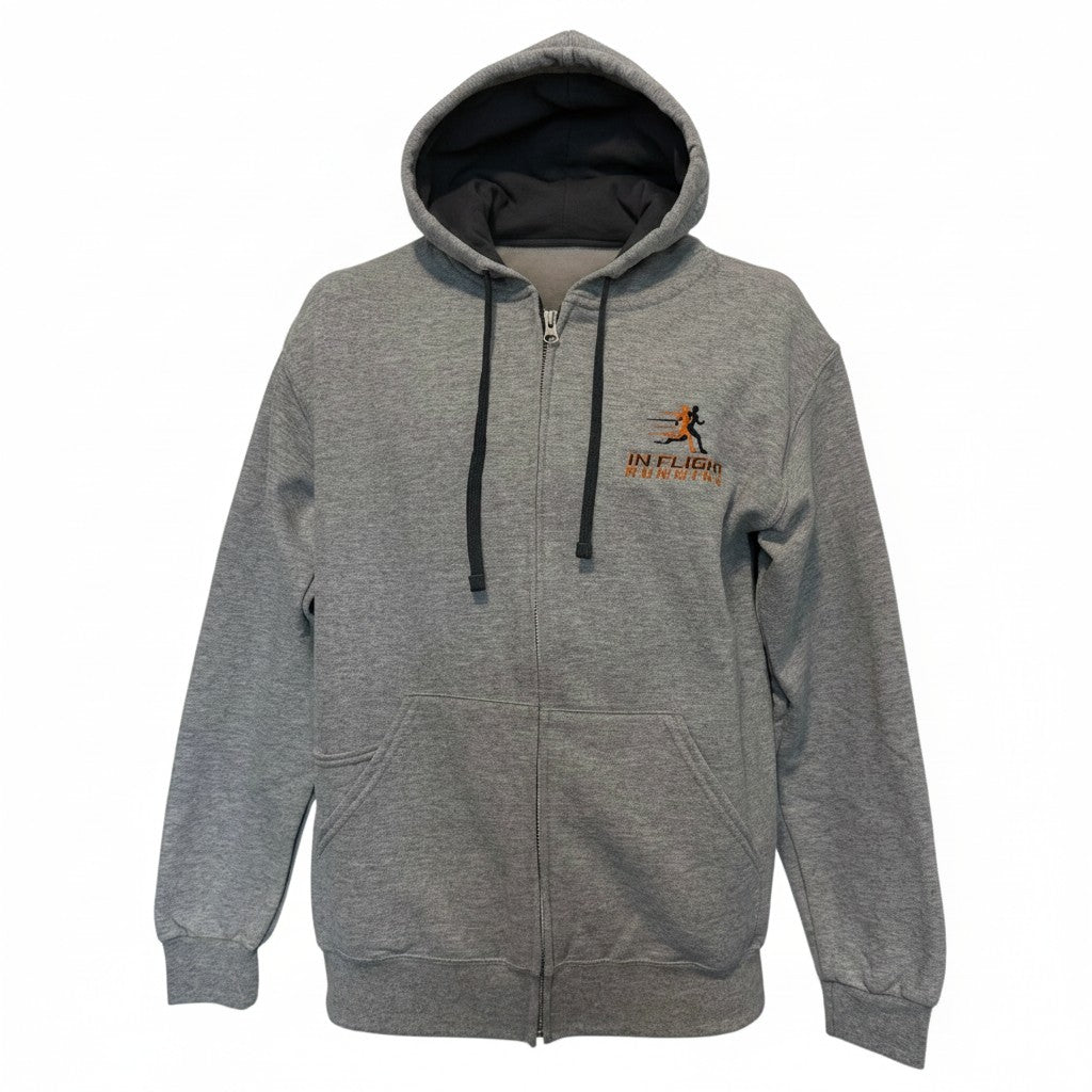 In Flight Running grey full-zip hoodie with contrasting dark grey hood lining and drawcord. Features embroidered logo on chest.